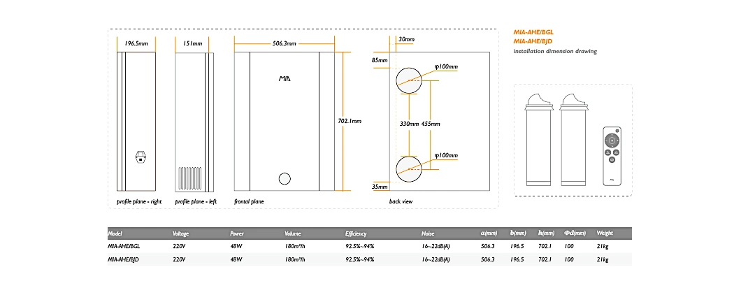 Ductless Type 180m3/H Erv with Easy Wall Hang Backbracket Equipped for Residential Ventilation